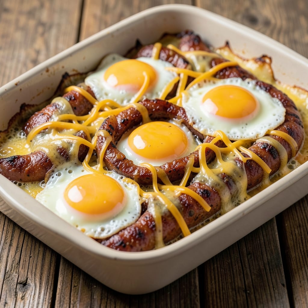 Cheesy Sausage and Egg Bake Recipe: Crispy Top, Runny Yolk Rivers