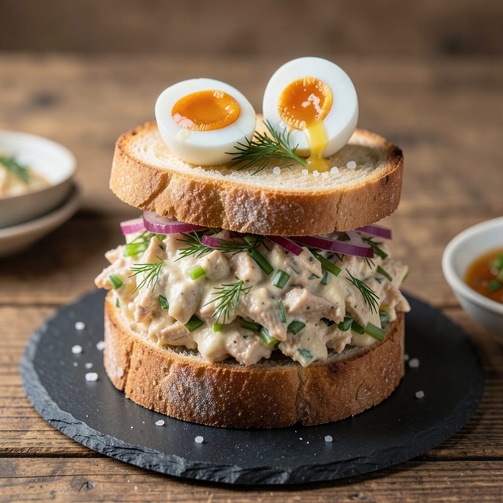 Chicken Salad With Egg Sandwich Recipe: Crunchy Croutons and Creamy Yolk Layers