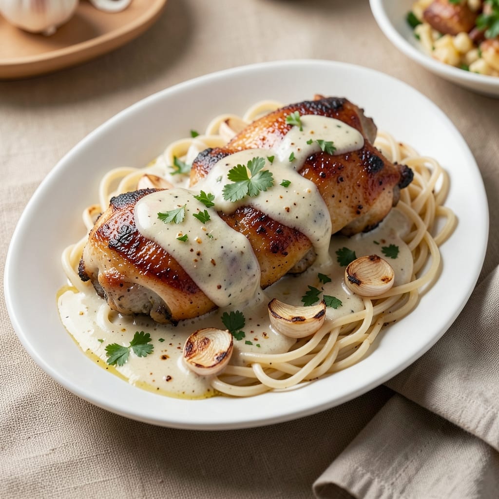 Creamy Garlic Chicken Thighs Over Egg Noodles Recipe: Savory Sauce That Coats Every Bite