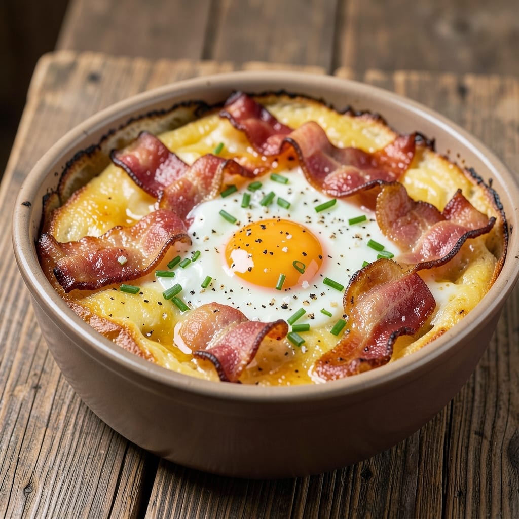 Bacon Egg Bake Recipe with Bread: Crispy Top, Runny Yolk Magic