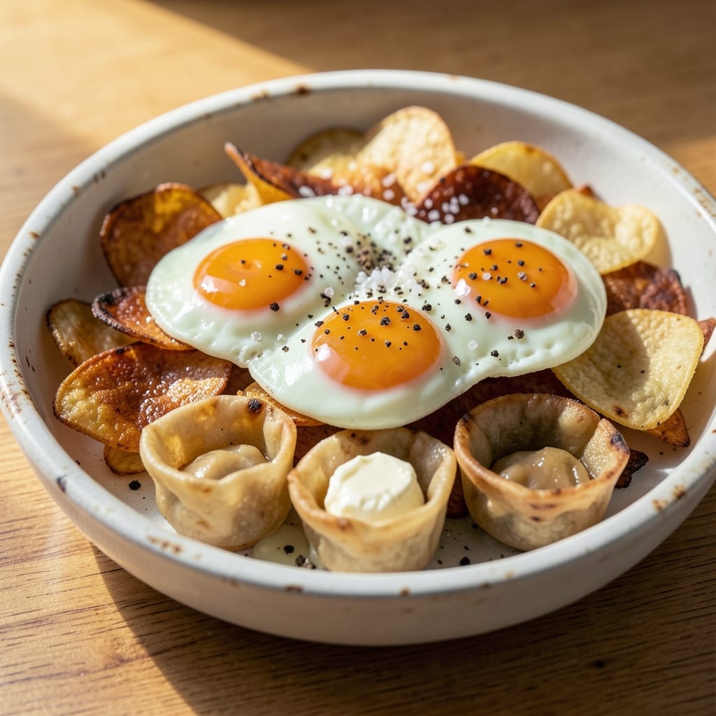 Egg And Potato Chip Bites Recipe: Crispy Wonton Cups With Silky Scrambled Hearts