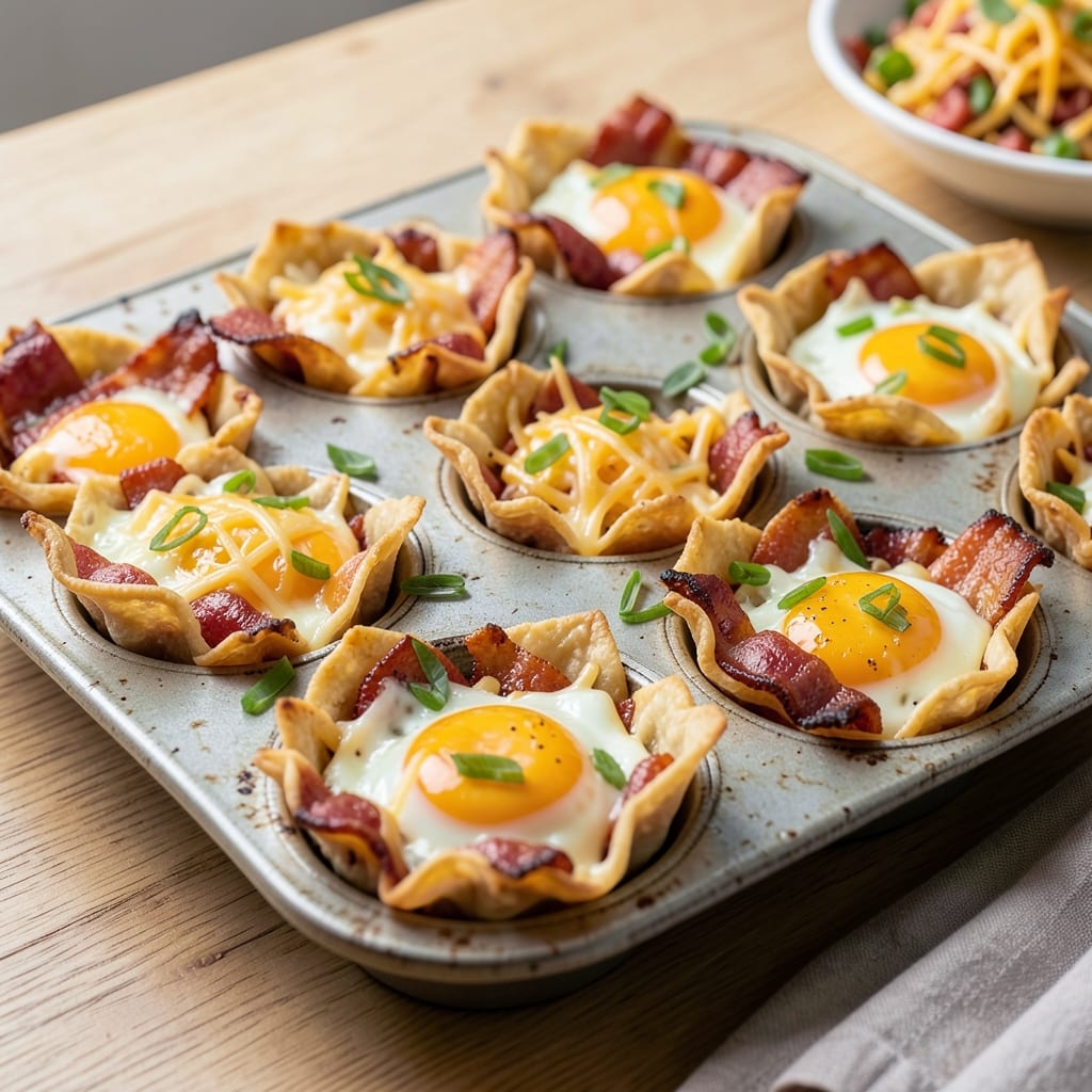 Bacon and Egg Breakfast Cups Recipe: Crispy Wonton Crust With Smoky Bacon Bites