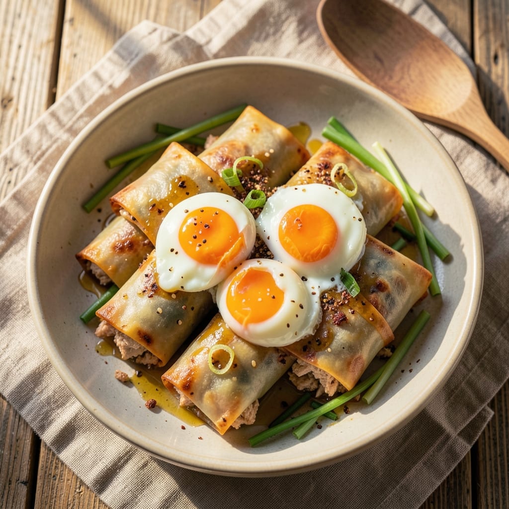 Double Egg Chicken Roll Recipe: Crispy Wonton Wraps With Silky Egg Hearts