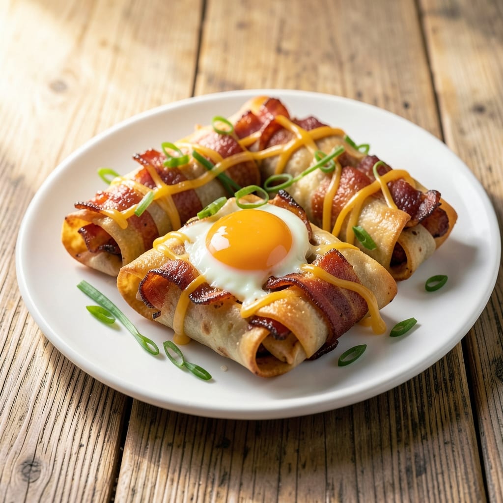 Baked Bacon Egg Cheese Pinwheels Recipe: Crispy Wonton Crust Meets Runny Yolk Rivers