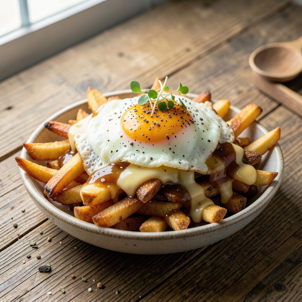 Breakfast Poutine Recipe With Fried Egg Over Fries: Crispy Potato Stacks and Runny Yolk Rivers