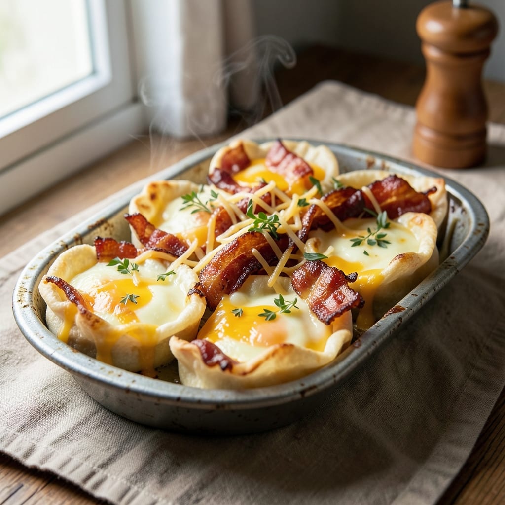 Cheesy Bacon Egg Cups Recipe: Crispy Wonton Bites with Smoky Bacon and Melty Cheese