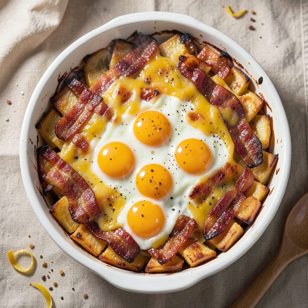 Bacon, Hash Brown, and Egg Bake Recipe: Crispy Potato Top With Runny Yolk Rivers