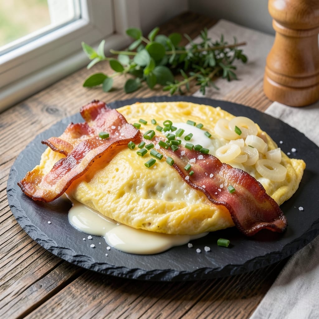 Egg and Bacon Omelet Recipe: Smoky Crispy Bacon and Silky Egg Layers