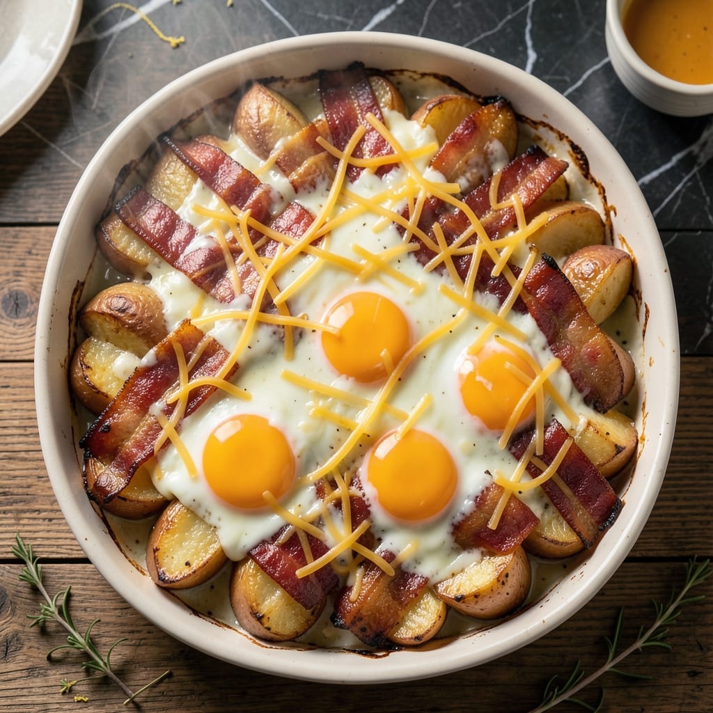 Bacon Potato and Egg Casserole Recipe: Crispy Top, Runny Yolk Magic