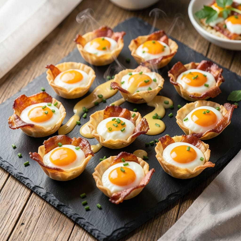 Egg and Bacon Canapes Recipe: Crispy Wonton Cups With Smoky Yolk Magic