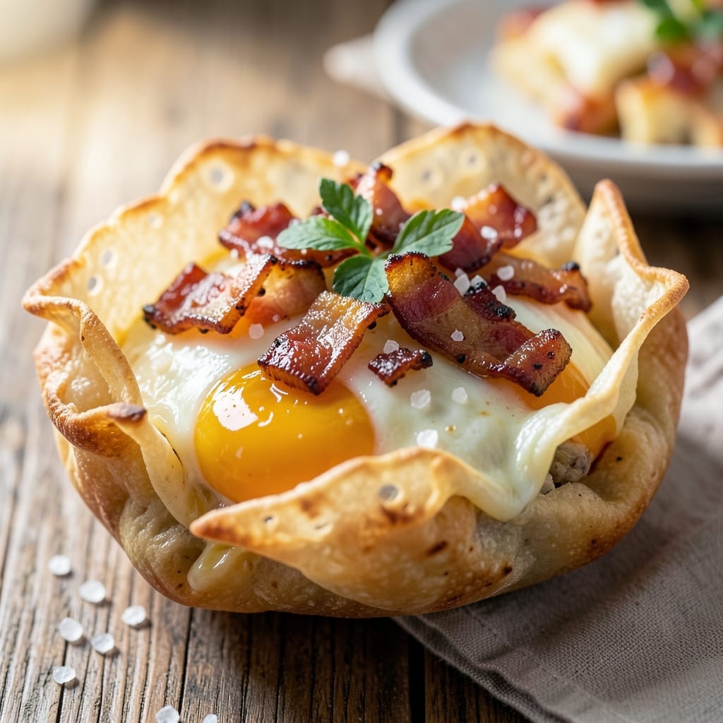 Bacon Egg and Cheese McMuffin Recipe: Crispy Wonton Shells with Melty Cheese Rivers