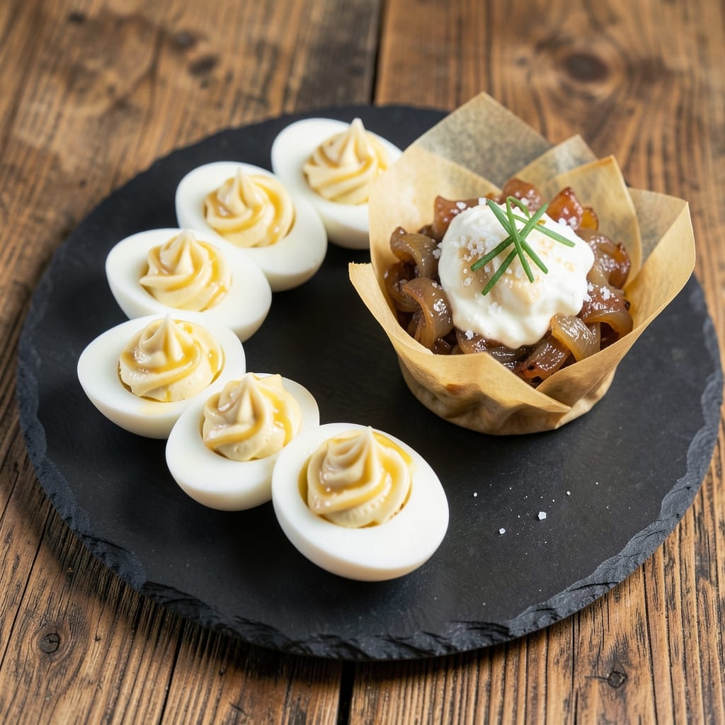 Deviled Egg Recipe with French Onion Dip: Crunchy Wonton Cups Filled With Silky Yolk